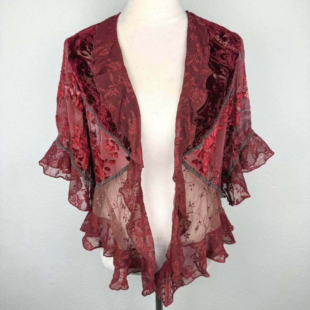 VTG Y2K Spencer Alexis Burgundy Burnout Velvet Lace Ruffle Open Front Cardigan S